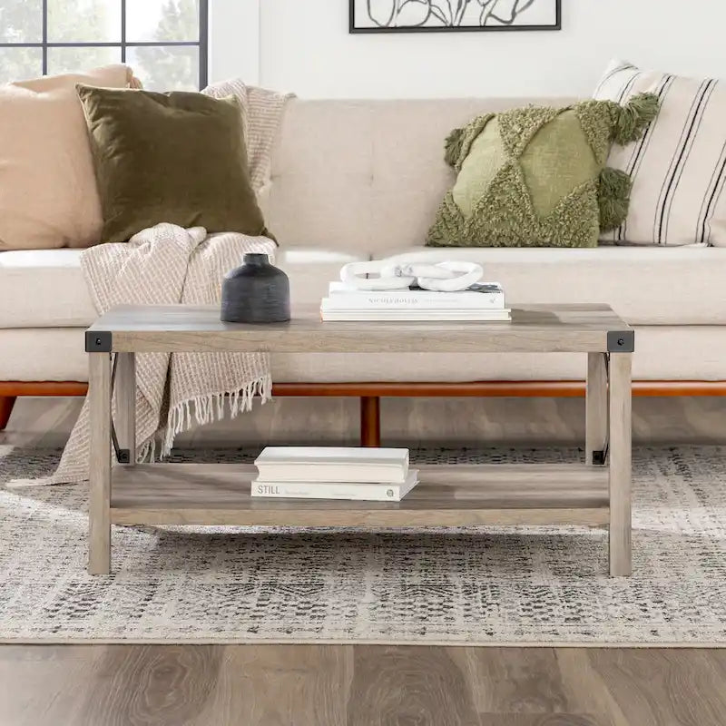 40" Rustic Coffee Table with X-Metal Accents and Storage Shelf
