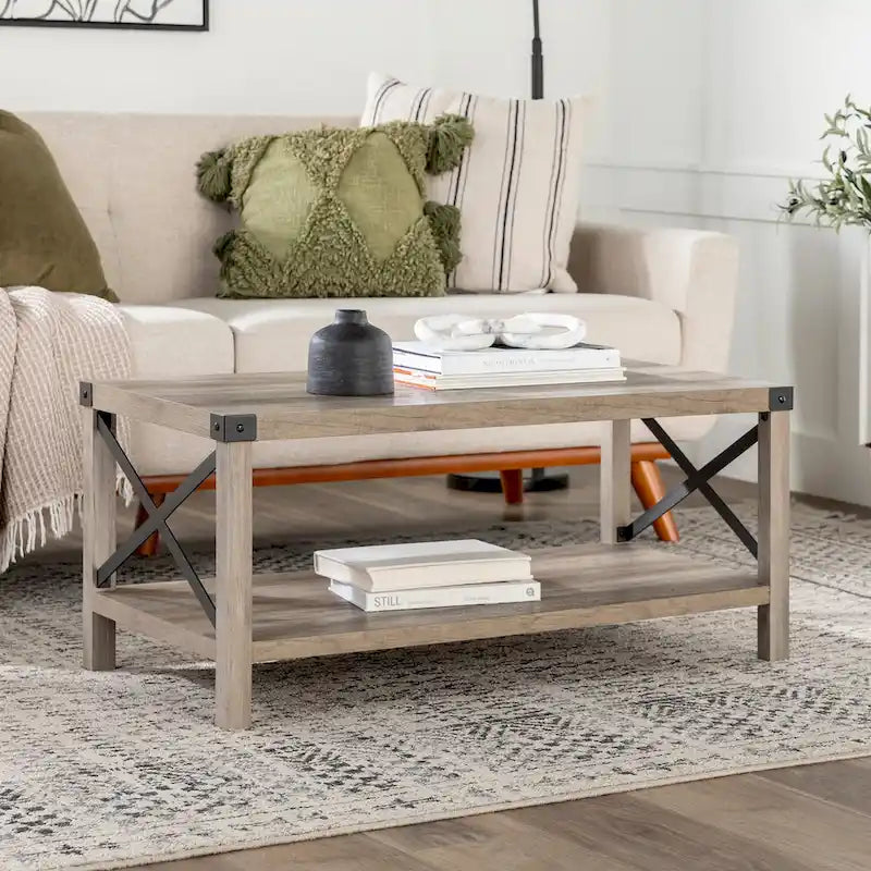 40" Rustic Coffee Table with X-Metal Accents and Storage Shelf