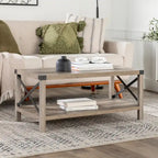 40" Rustic Coffee Table with X-Metal Accents and Storage Shelf