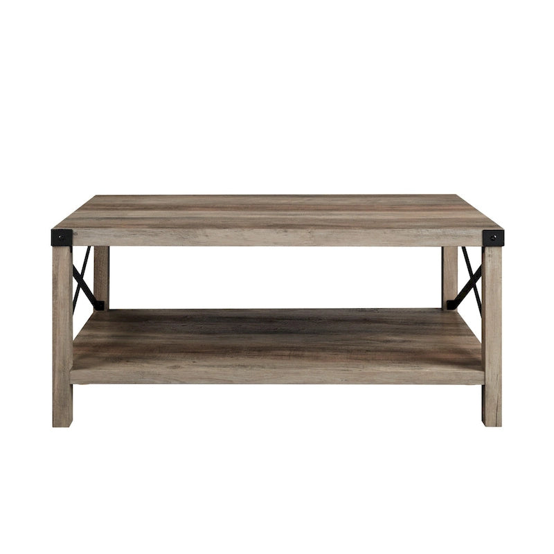 40" Rustic Coffee Table with X-Metal Accents and Storage Shelf