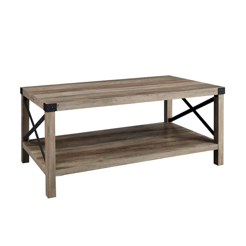 40" Rustic Coffee Table with X-Metal Accents and Storage Shelf