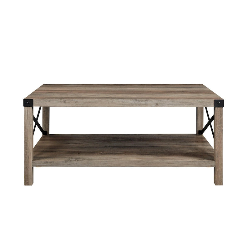 40" Rustic Coffee Table with X-Metal Accents and Storage Shelf