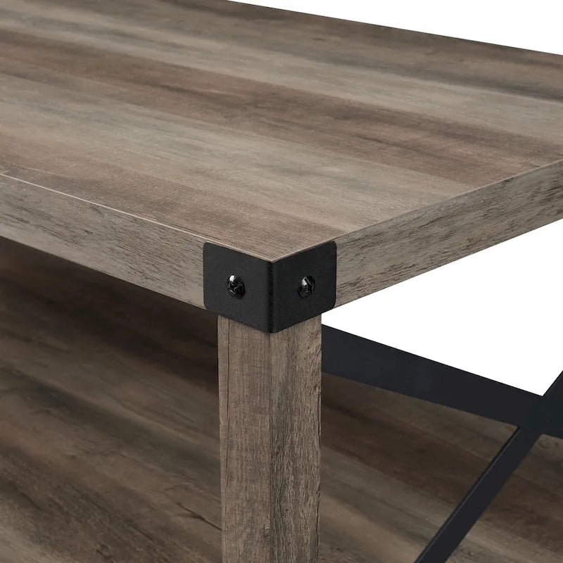 40" Rustic Coffee Table with X-Metal Accents and Storage Shelf