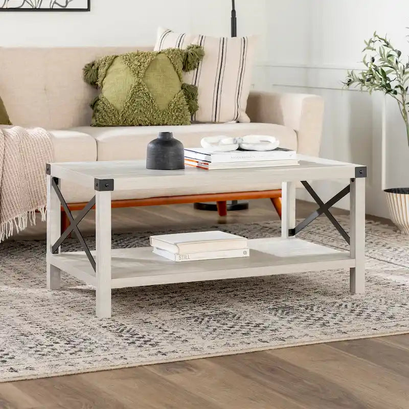 40" Rustic Coffee Table with X-Metal Accents and Storage Shelf