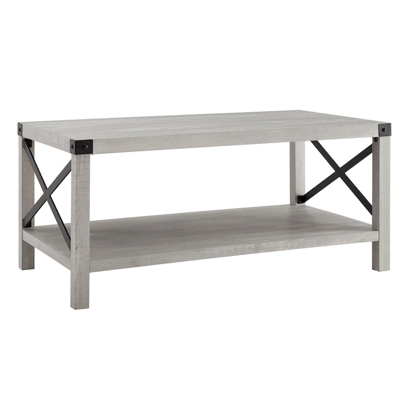 40" Rustic Coffee Table with X-Metal Accents and Storage Shelf