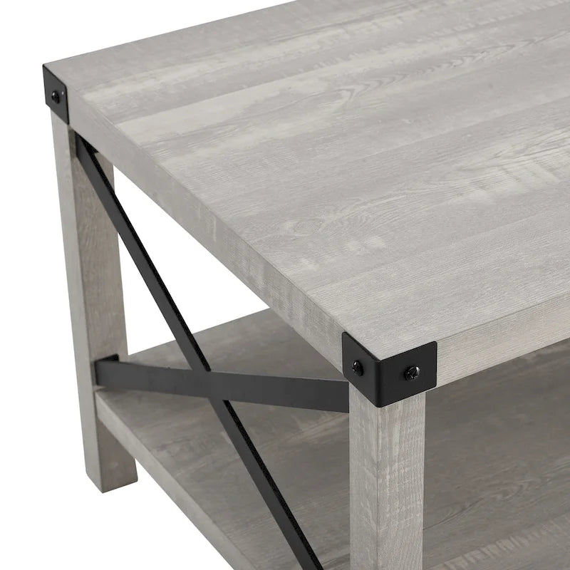 40" Rustic Coffee Table with X-Metal Accents and Storage Shelf