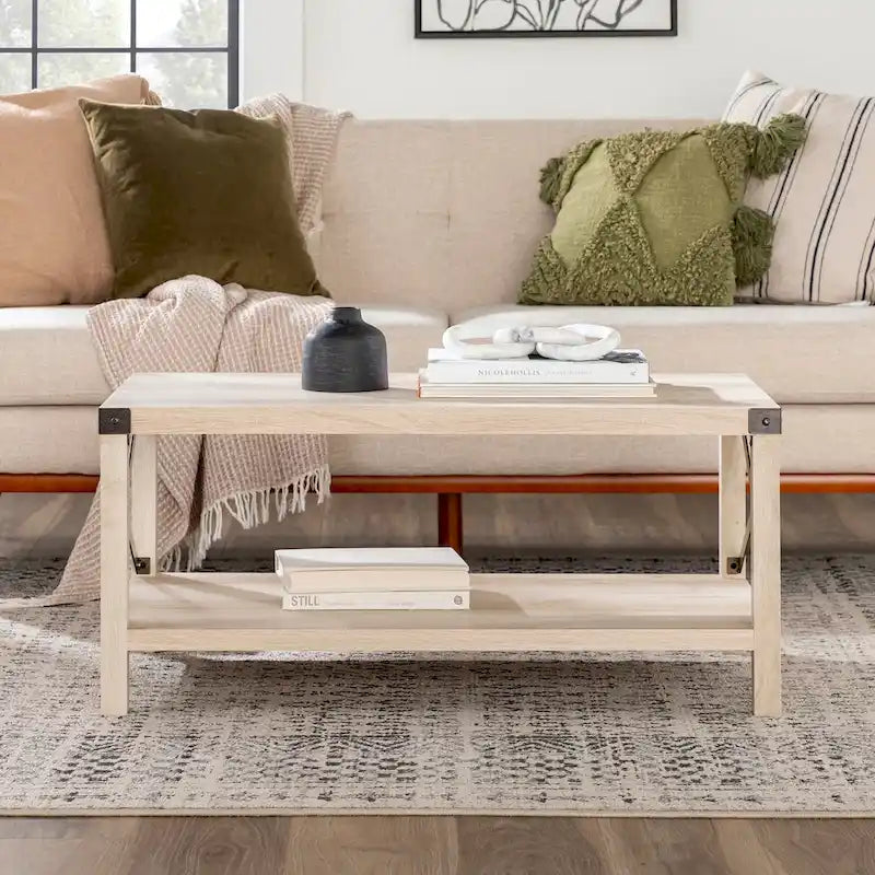 40" Rustic Coffee Table with X-Metal Accents and Storage Shelf