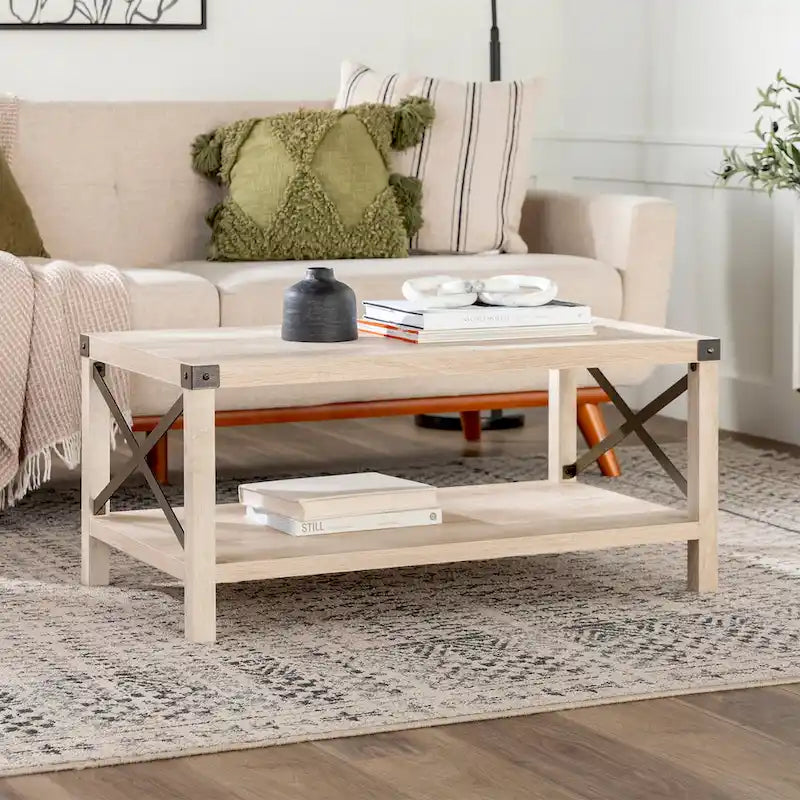 40" Rustic Coffee Table with X-Metal Accents and Storage Shelf