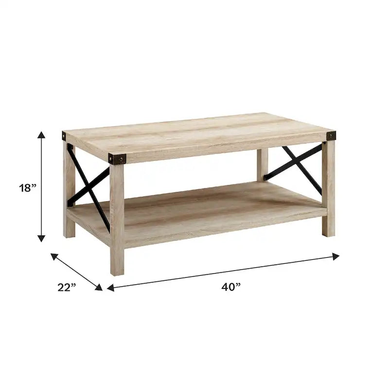 40" Rustic Coffee Table with X-Metal Accents and Storage Shelf