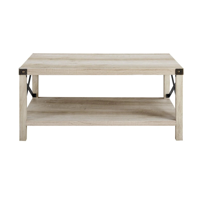 40" Rustic Coffee Table with X-Metal Accents and Storage Shelf