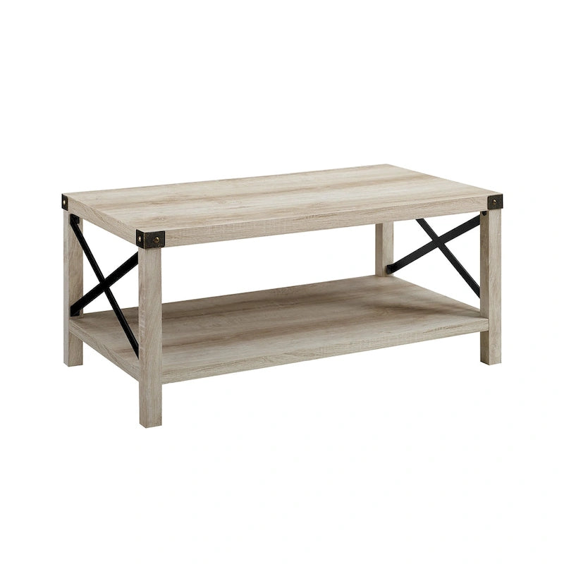 40" Rustic Coffee Table with X-Metal Accents and Storage Shelf