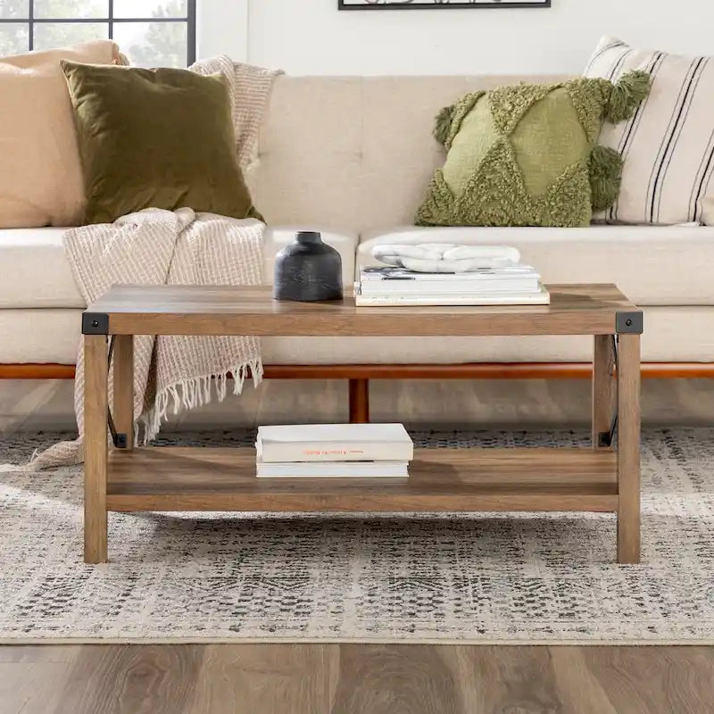 40" Rustic Coffee Table with X-Metal Accents and Storage Shelf