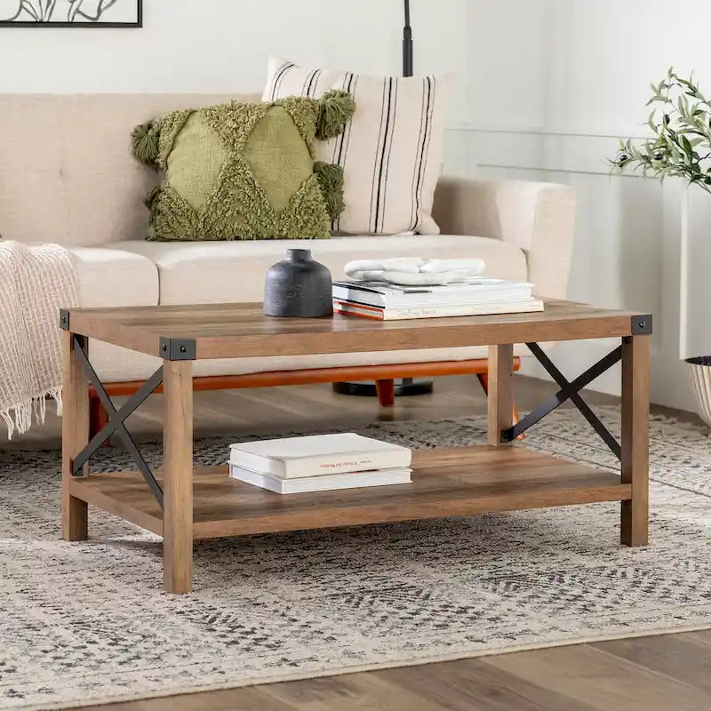 40" Rustic Coffee Table with X-Metal Accents and Storage Shelf