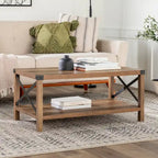 40" Rustic Coffee Table with X-Metal Accents and Storage Shelf