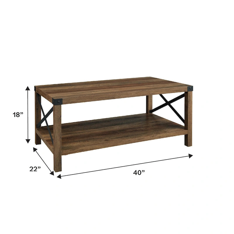 40" Rustic Coffee Table with X-Metal Accents and Storage Shelf