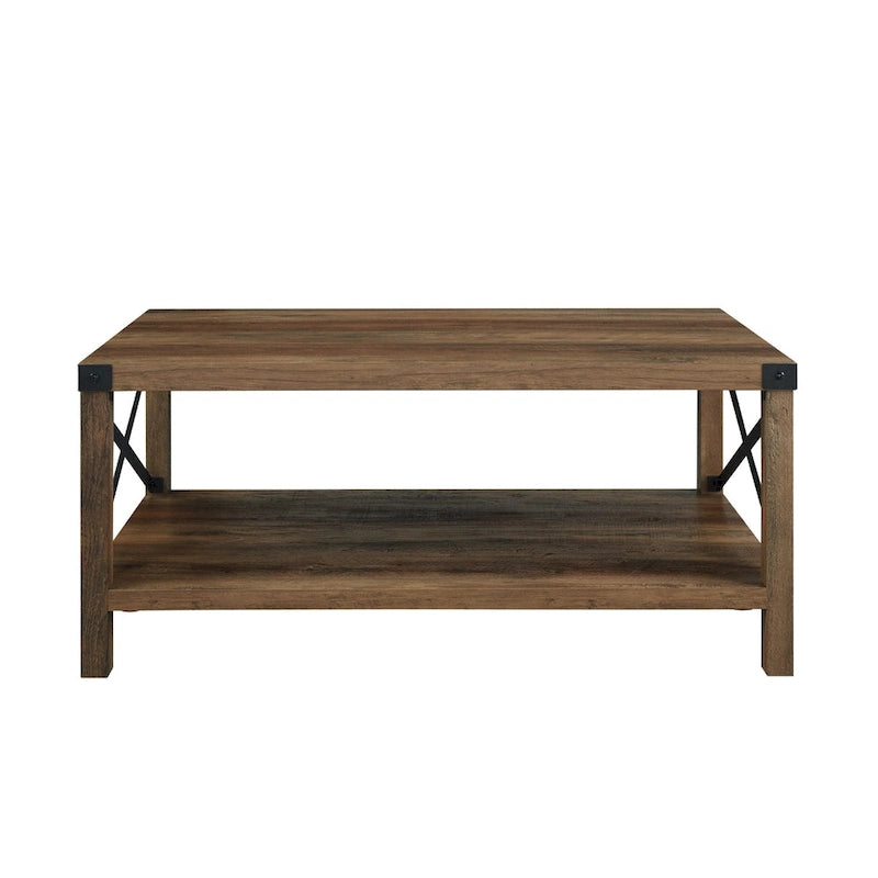 40" Rustic Coffee Table with X-Metal Accents and Storage Shelf