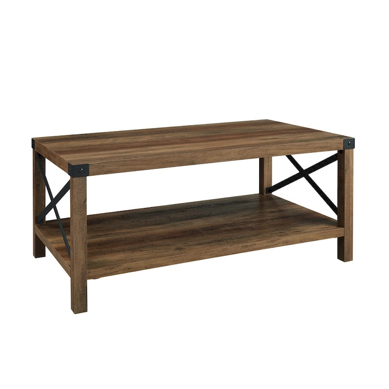 40" Rustic Coffee Table with X-Metal Accents and Storage Shelf