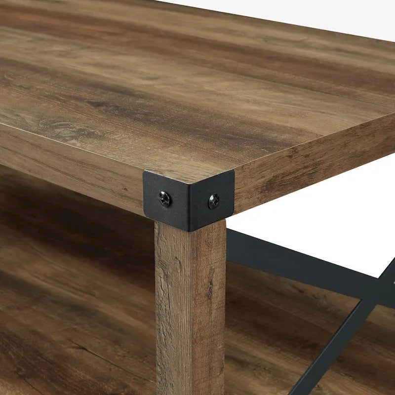 40" Rustic Coffee Table with X-Metal Accents and Storage Shelf