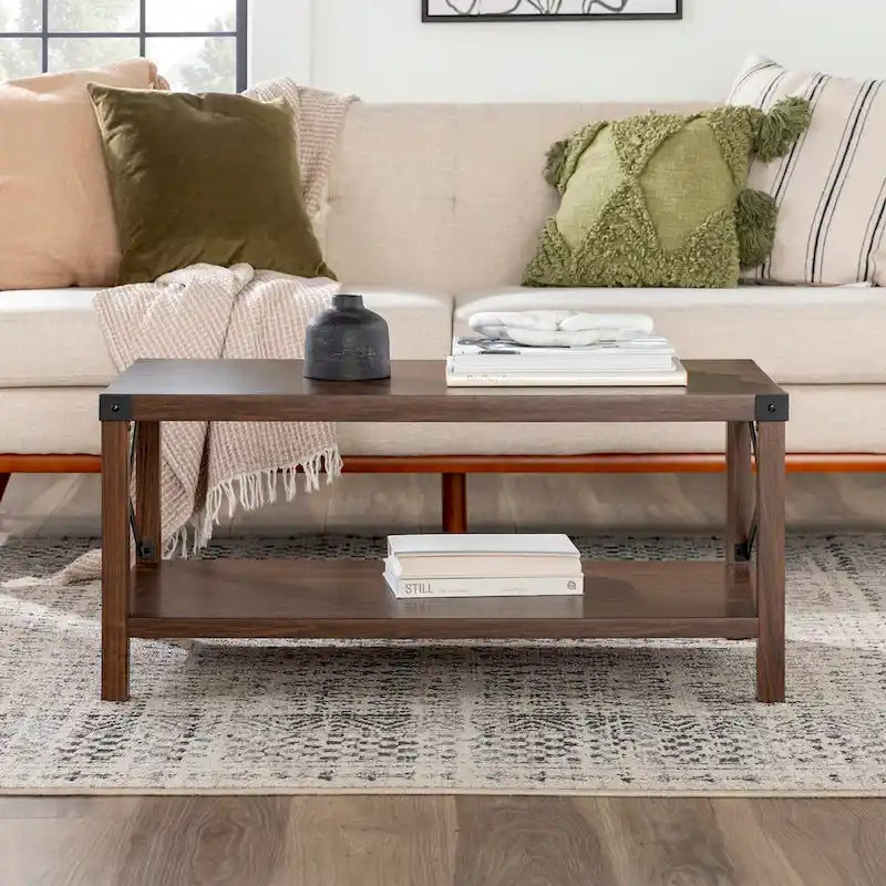 40" Rustic Coffee Table with X-Metal Accents and Storage Shelf