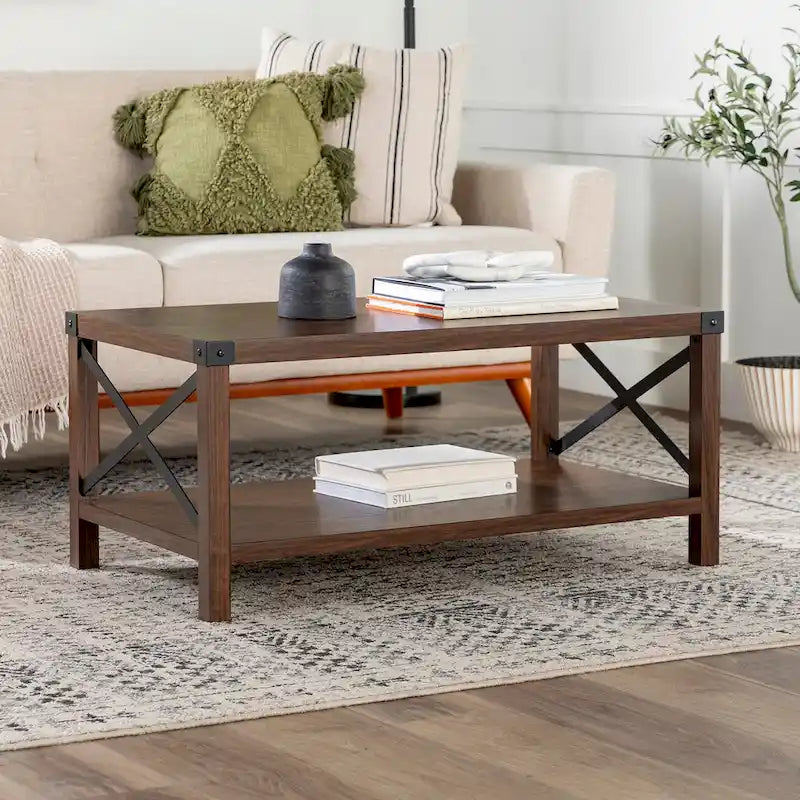 40" Rustic Coffee Table with X-Metal Accents and Storage Shelf