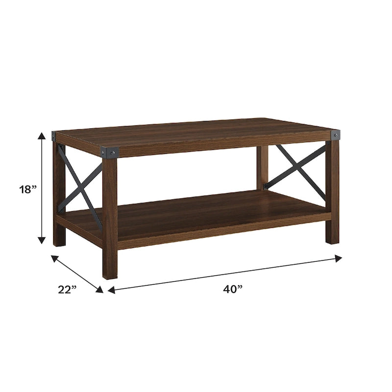40" Rustic Coffee Table with X-Metal Accents and Storage Shelf