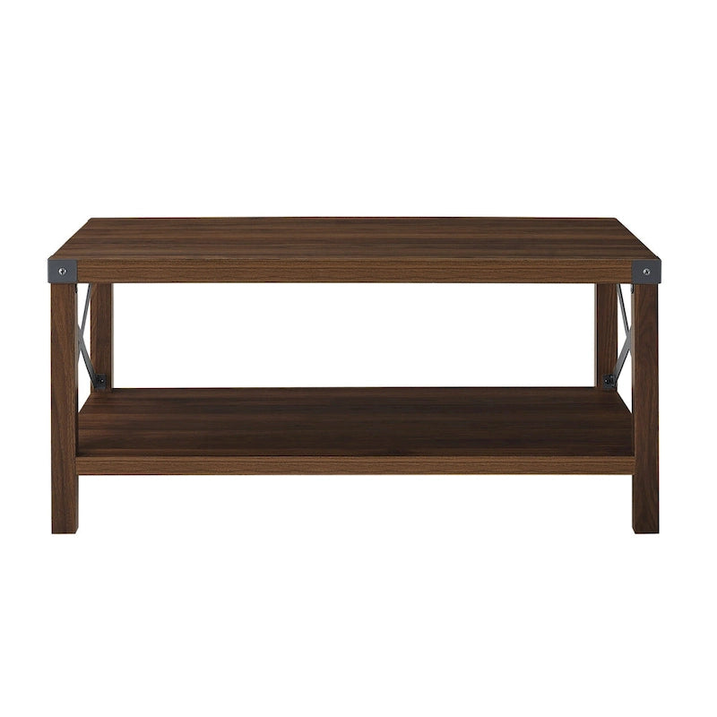 40" Rustic Coffee Table with X-Metal Accents and Storage Shelf