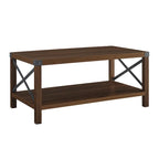 40" Rustic Coffee Table with X-Metal Accents and Storage Shelf