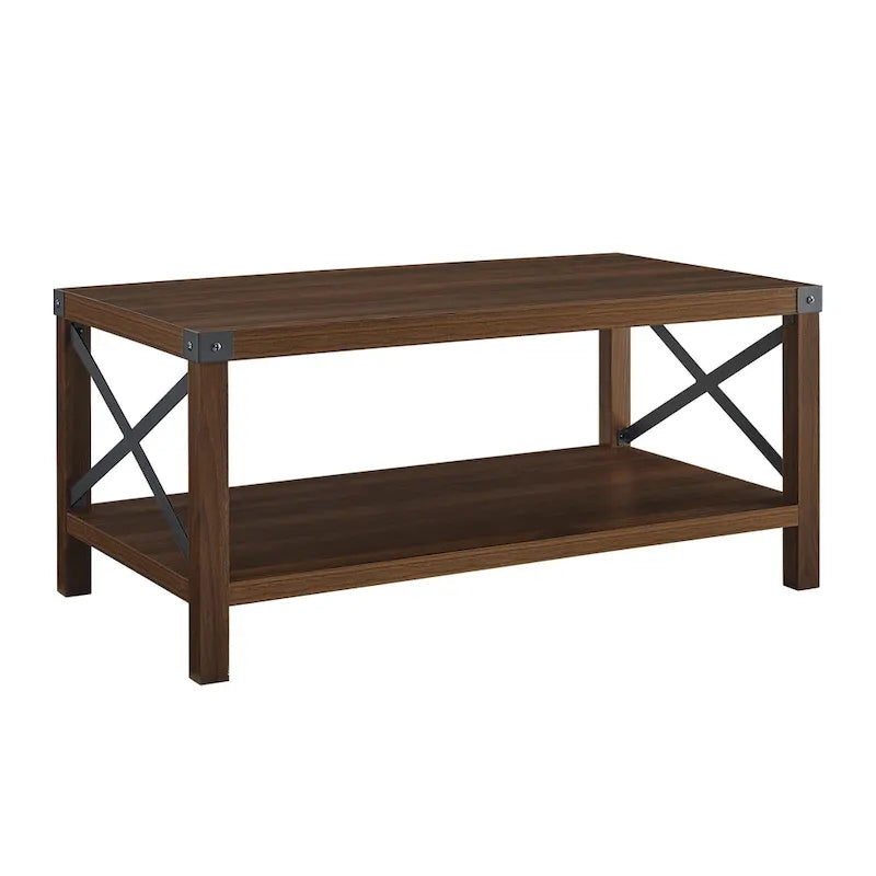 40" Rustic Coffee Table with X-Metal Accents and Storage Shelf