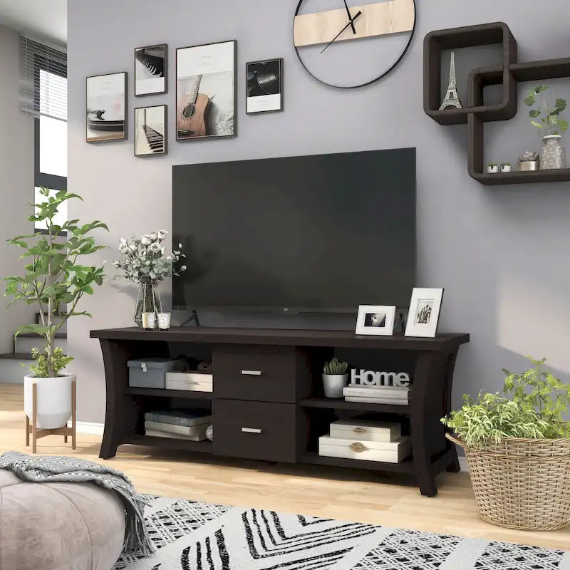Cappuccino 2-Drawer TV Stand with Open Shelves - Fits up to 65"