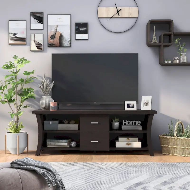 Cappuccino 2-Drawer TV Stand with Open Shelves - Fits up to 65"