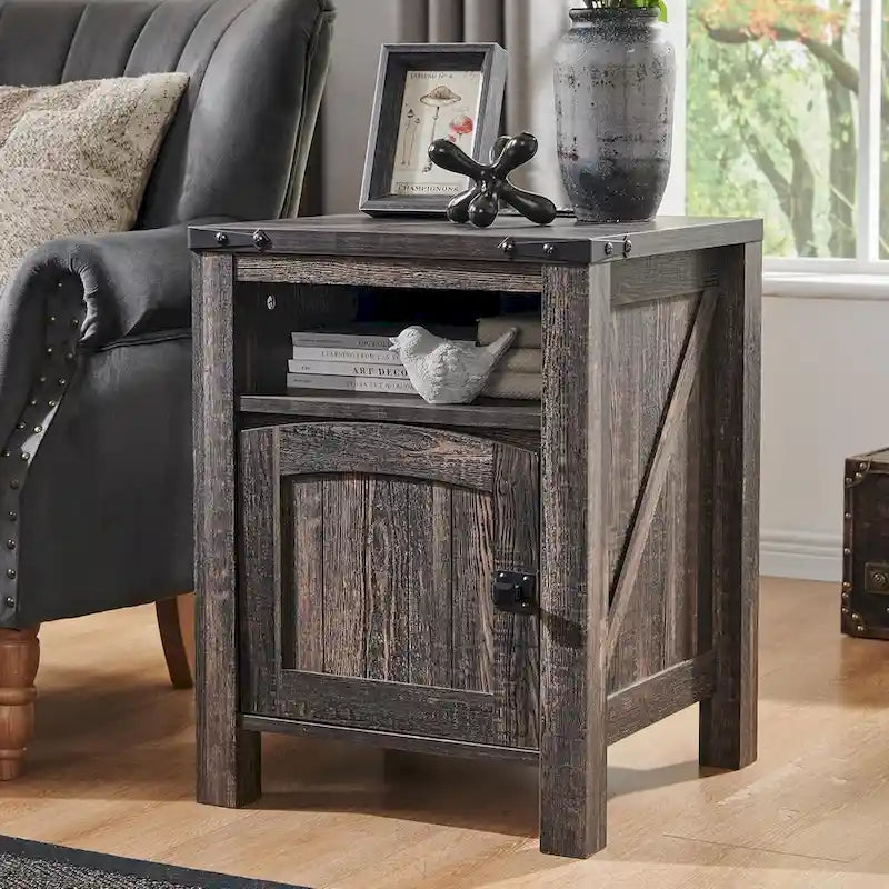 Farmhouse Nightstand with Charging Station, Wood End Table, Side Table