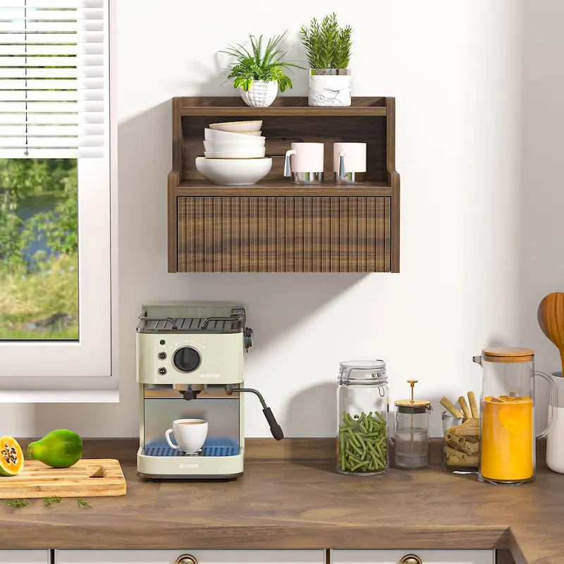 Modern floating bedside table with storage drawers and open shelves.