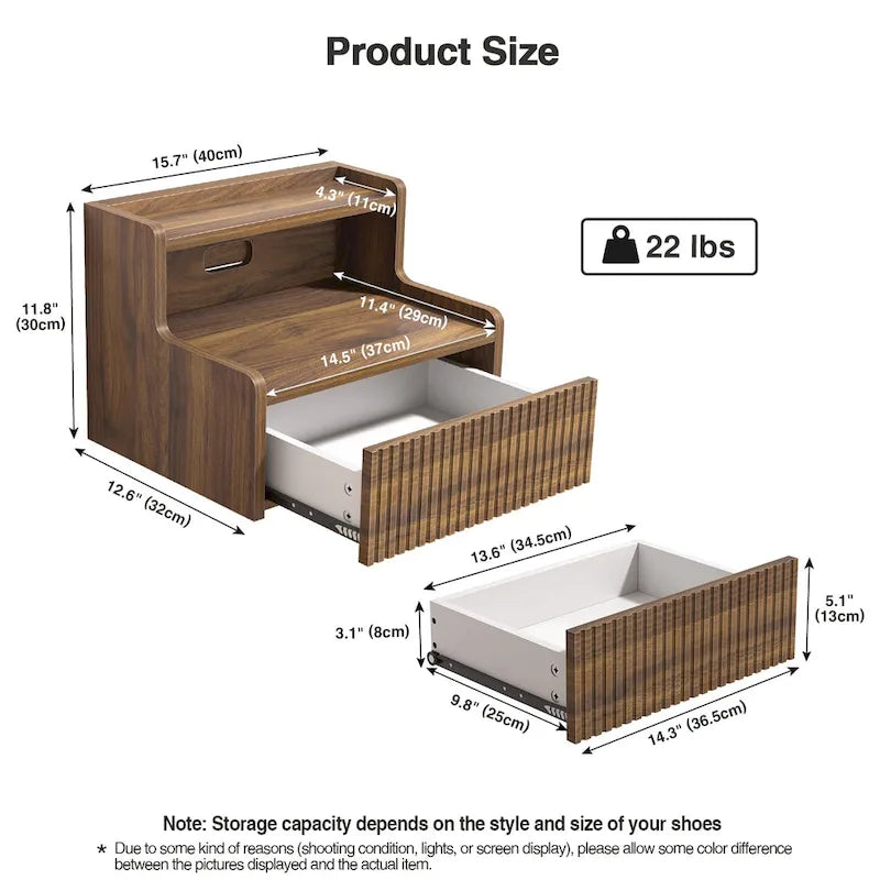 Modern floating bedside table with storage drawers and open shelves.