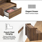 Modern floating bedside table with storage drawers and open shelves.