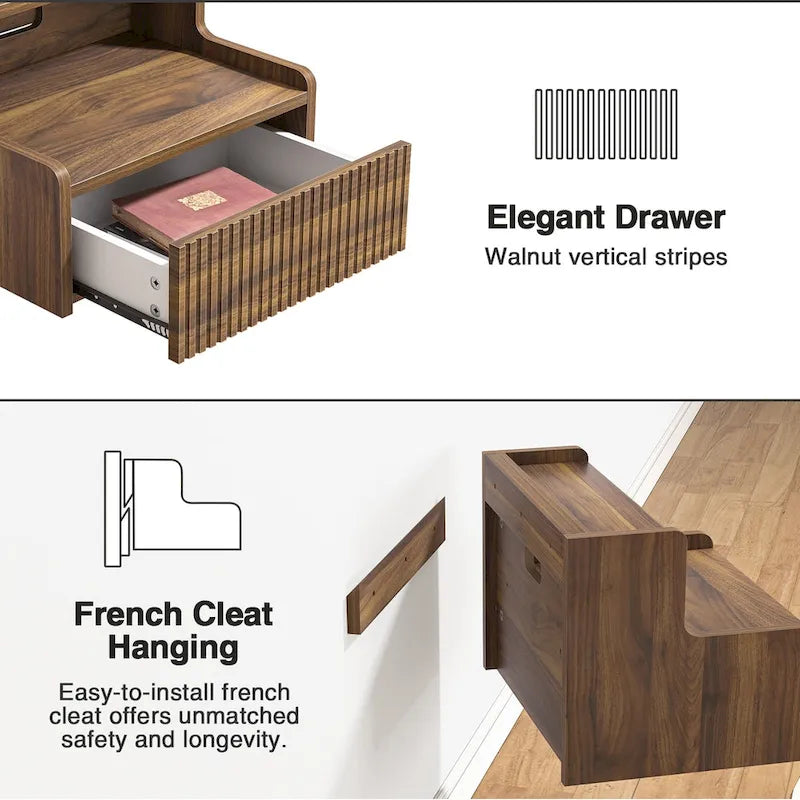 Modern floating bedside table with storage drawers and open shelves.