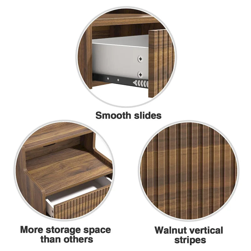 Modern floating bedside table with storage drawers and open shelves.
