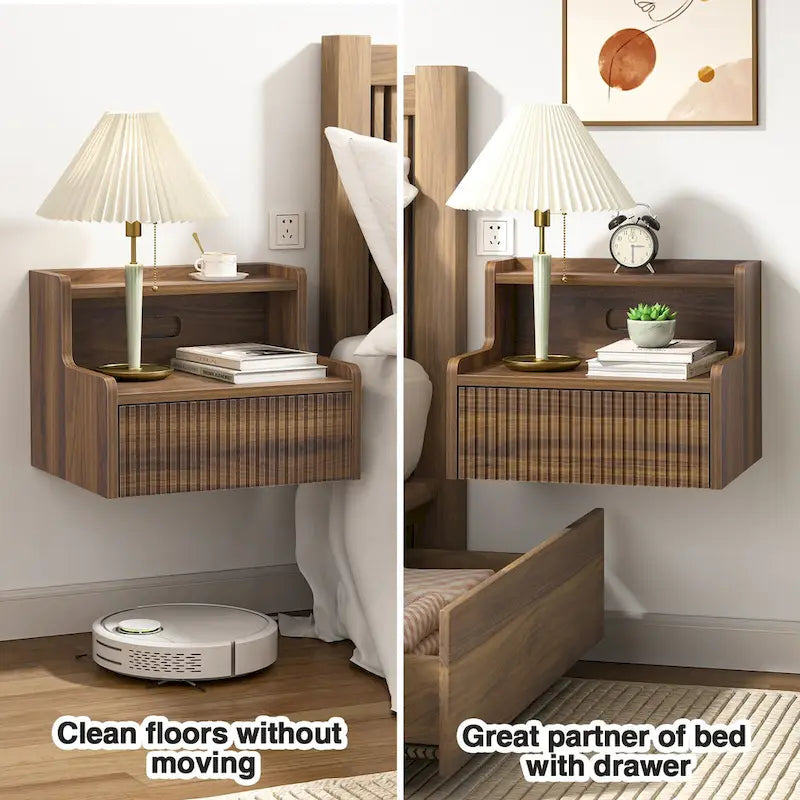 Modern floating bedside table with storage drawers and open shelves.