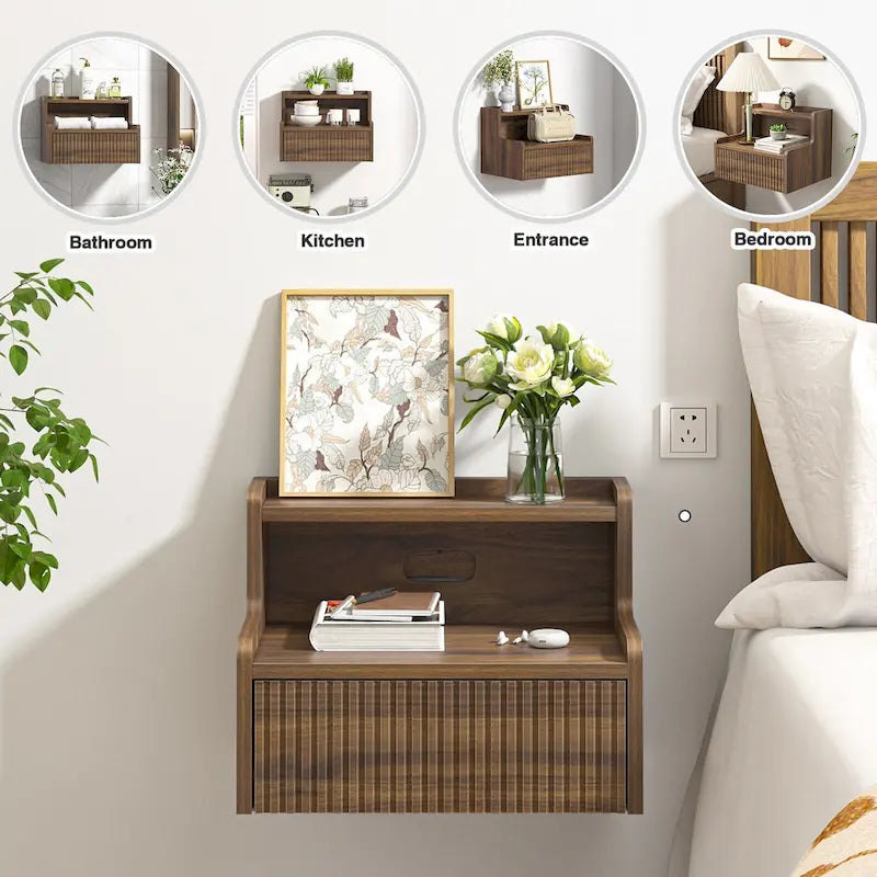Modern floating bedside table with storage drawers and open shelves.