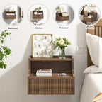 Modern floating bedside table with storage drawers and open shelves.