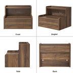 Modern floating bedside table with storage drawers and open shelves.