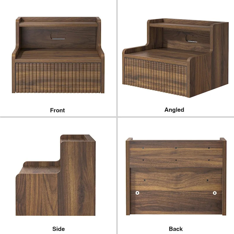 Modern floating bedside table with storage drawers and open shelves.