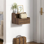 Modern floating bedside table with storage drawers and open shelves.