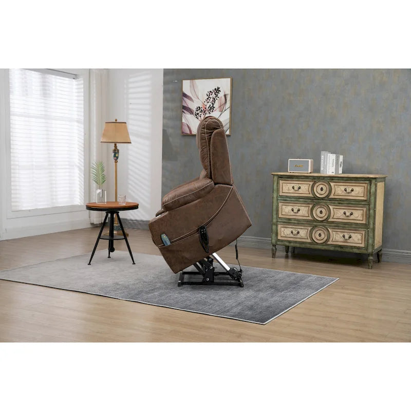 Brown PU Leather Power Lift Recliner with Massage and Heating - 400 lbs Capacity