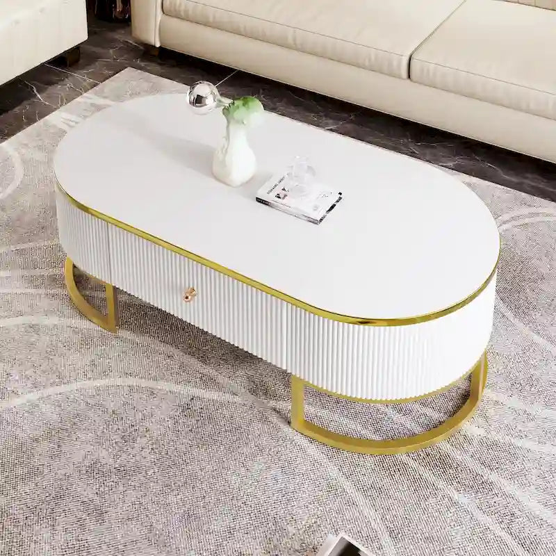 47.2  Modern Coffee Table with Gold Metal Decor and Integrated Drawers