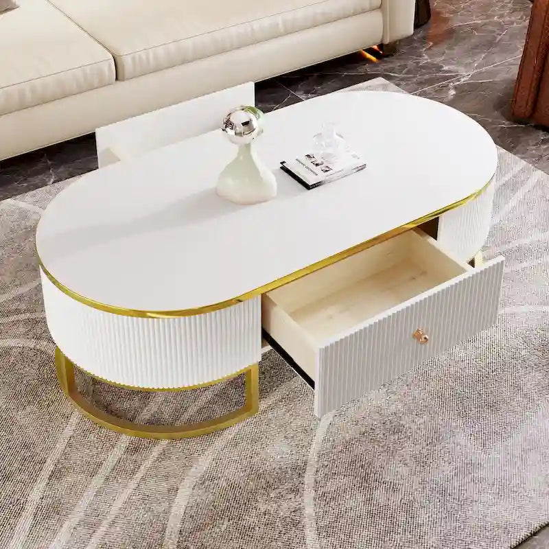 47.2  Modern Coffee Table with Gold Metal Decor and Integrated Drawers