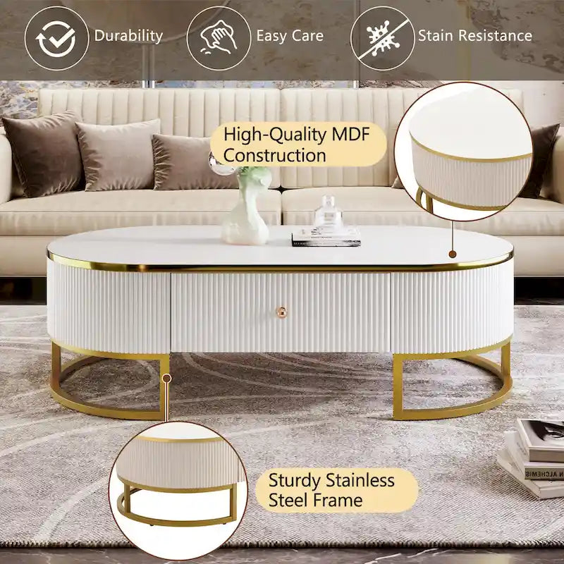 47.2  Modern Coffee Table with Gold Metal Decor and Integrated Drawers