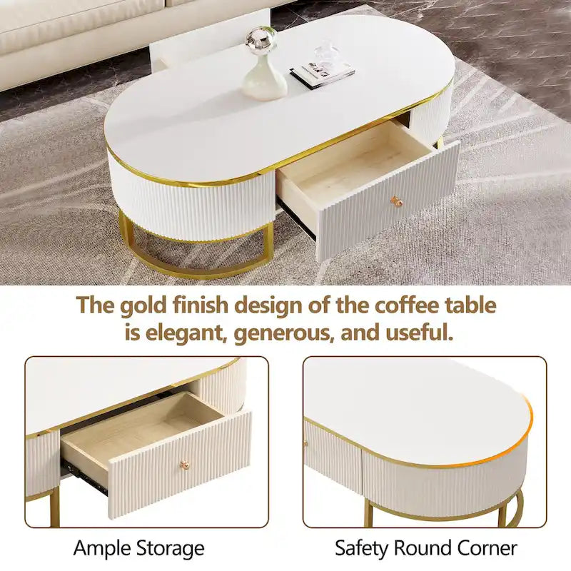 47.2  Modern Coffee Table with Gold Metal Decor and Integrated Drawers