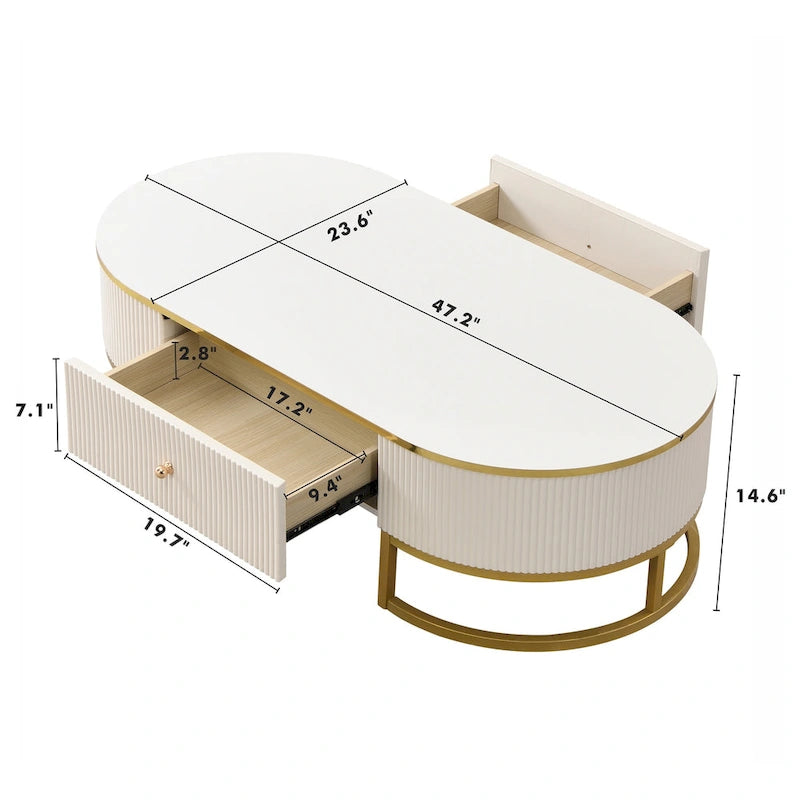 47.2  Modern Coffee Table with Gold Metal Decor and Integrated Drawers