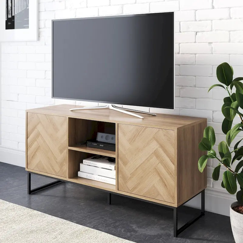 47" Herringbone Wood TV Stand with Storage - Rustic Brown