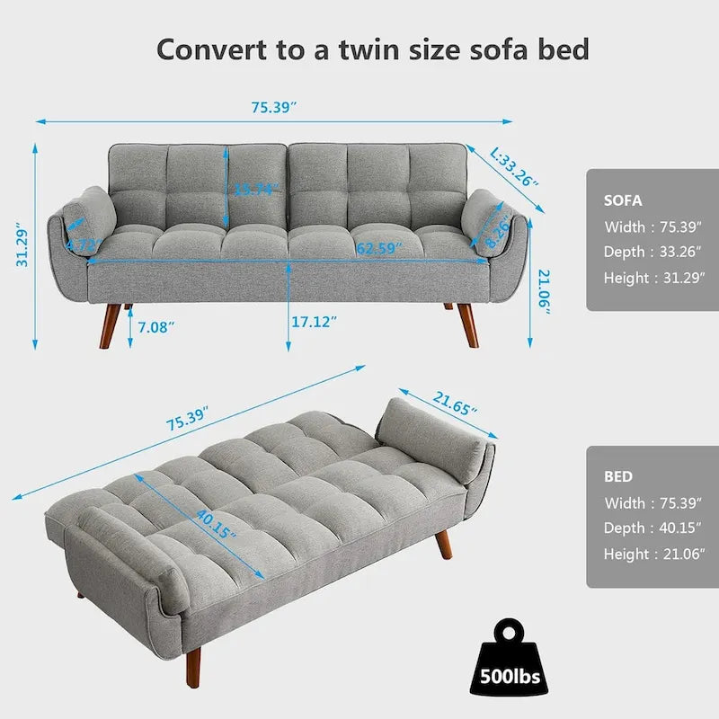 75.39 IN. Futon Sofa Bed, Convertible Upholstered Couch Sleeper with Reclining Sleeper Split Tufted Back